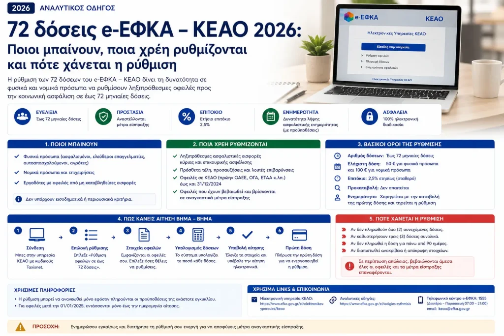 72 δόσεις e-ΕΦΚΑ – ΚΕΑΟ 2026: Ποιοι μπαίνουν, ποια χρέη ρυθμίζονται και πότε χάνεται η ρύθμιση