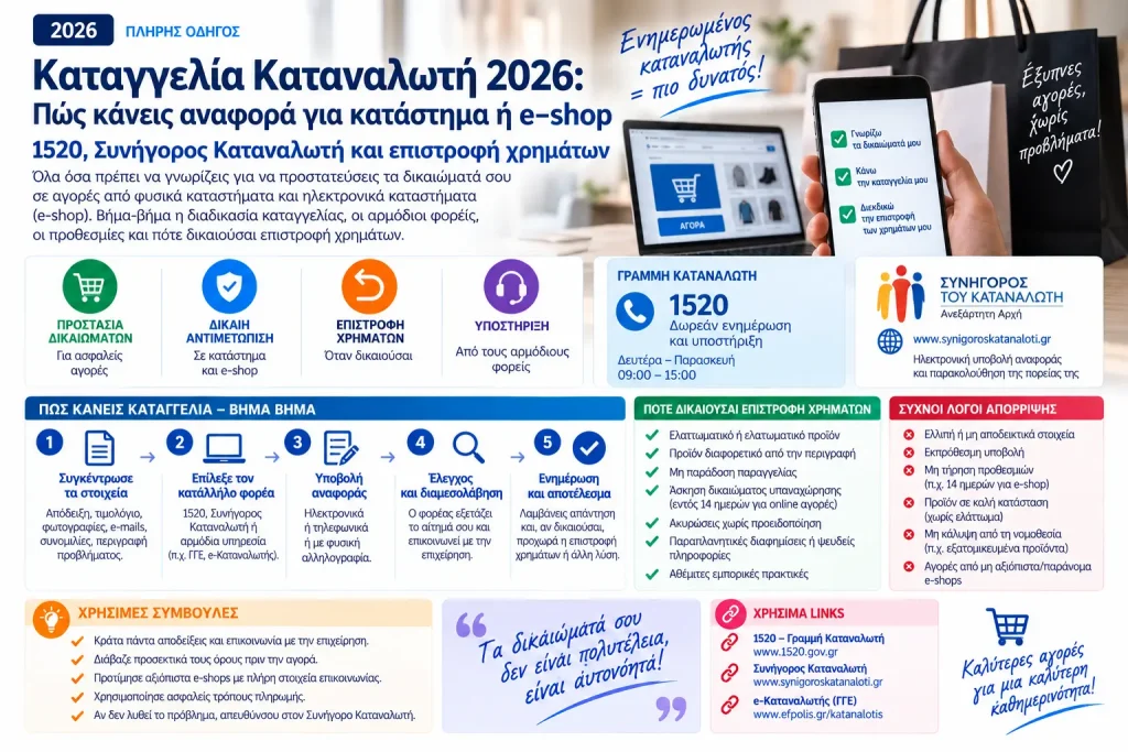 Καταγγελία Καταναλωτή 2026: Πώς κάνεις αναφορά για κατάστημα ή e-shop – 1520, Συνήγορος Καταναλωτή και επιστροφή χρημάτων