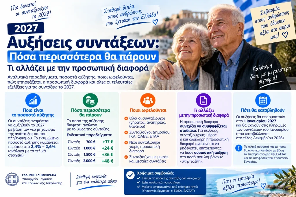 Αυξήσεις συντάξεων 2027: Πόσα περισσότερα θα πάρουν – Τι αλλάζει με την προσωπική διαφορά