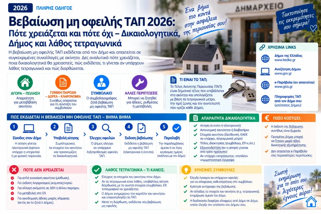 Βεβαίωση μη οφειλής ΤΑΠ 2026: Πότε χρειάζεται και πότε όχι – Δικαιολογητικά, Δήμος και λάθος τετραγωνικά