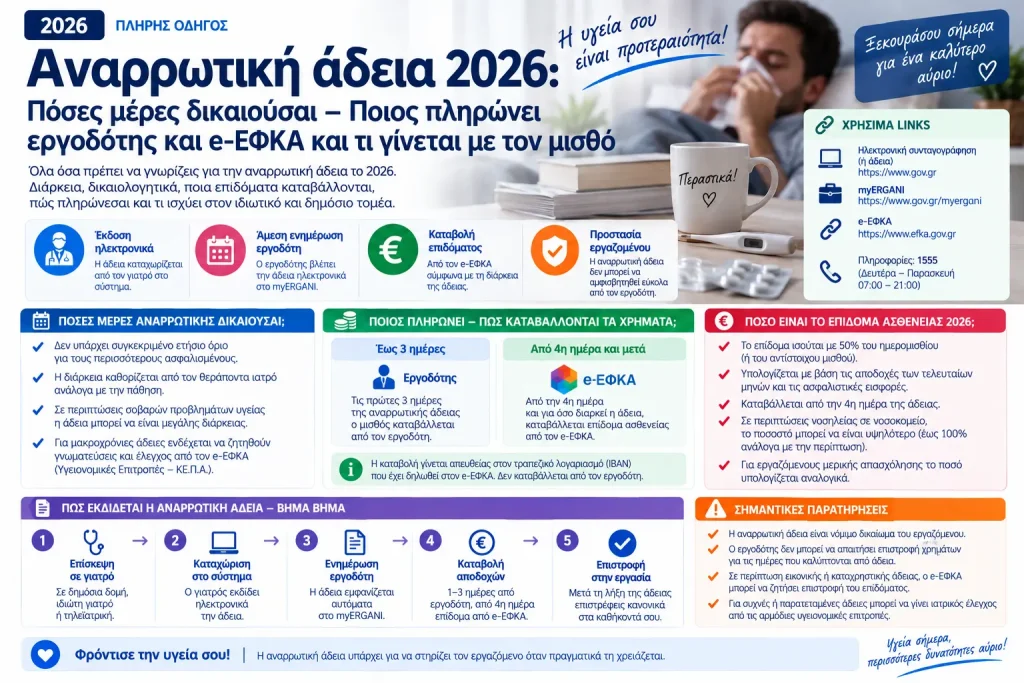 Αναρρωτική άδεια 2026: Πόσες μέρες δικαιούσαι – Ποιος πληρώνει εργοδότης και e-ΕΦΚΑ και τι γίνεται με τον μισθό