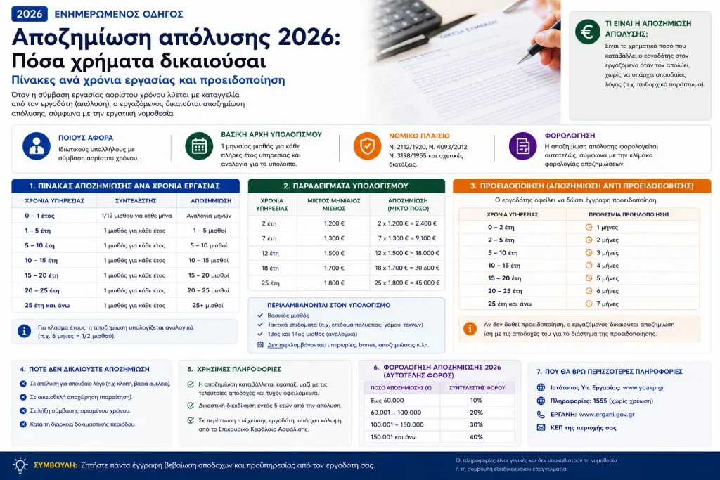 Αποζημίωση απόλυσης 2026: Πόσα χρήματα δικαιούσαι – Πίνακες ανά χρόνια εργασίας και προειδοποίηση